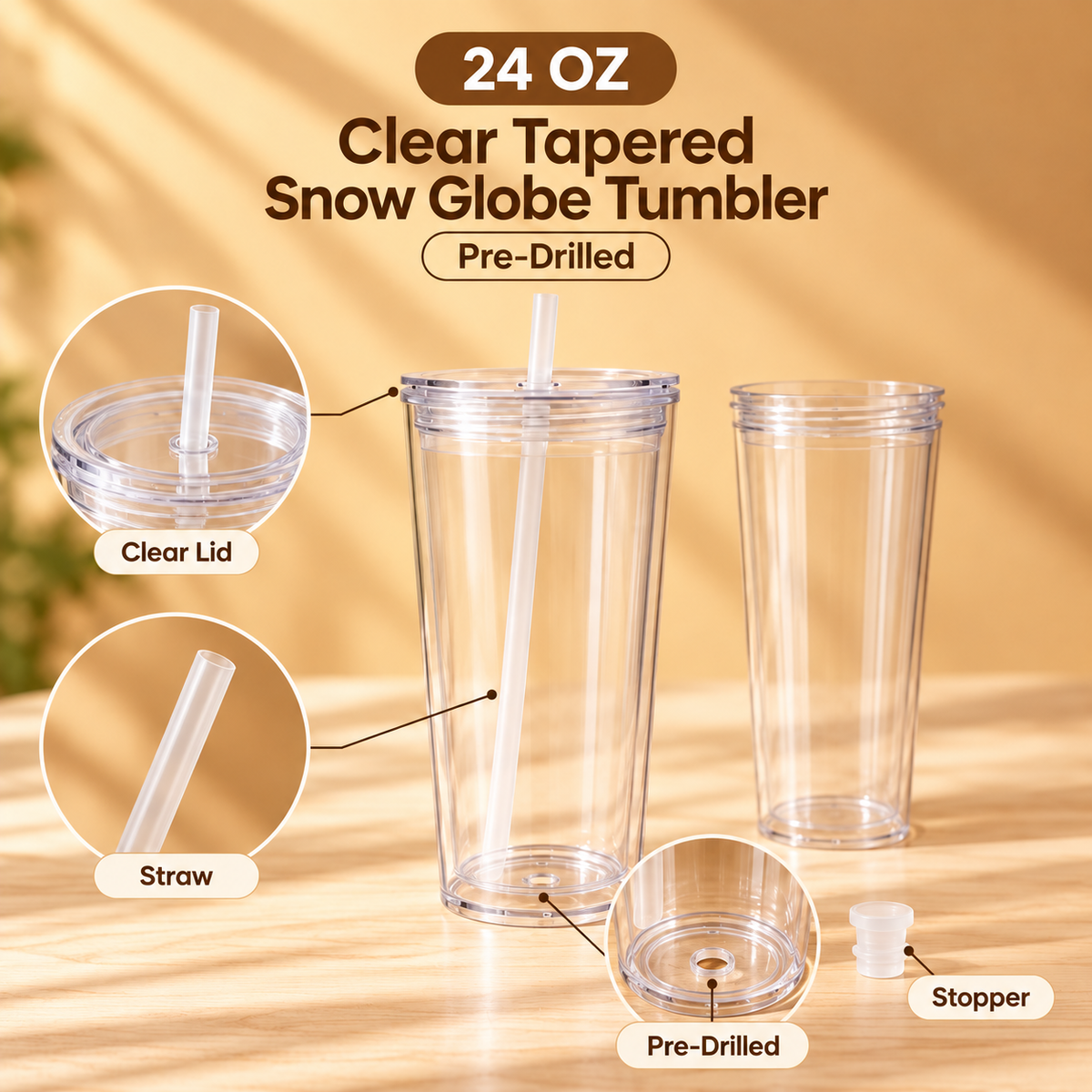 24 oz Clear Tapered Snow Globe Tumbler – Pre-Drilled