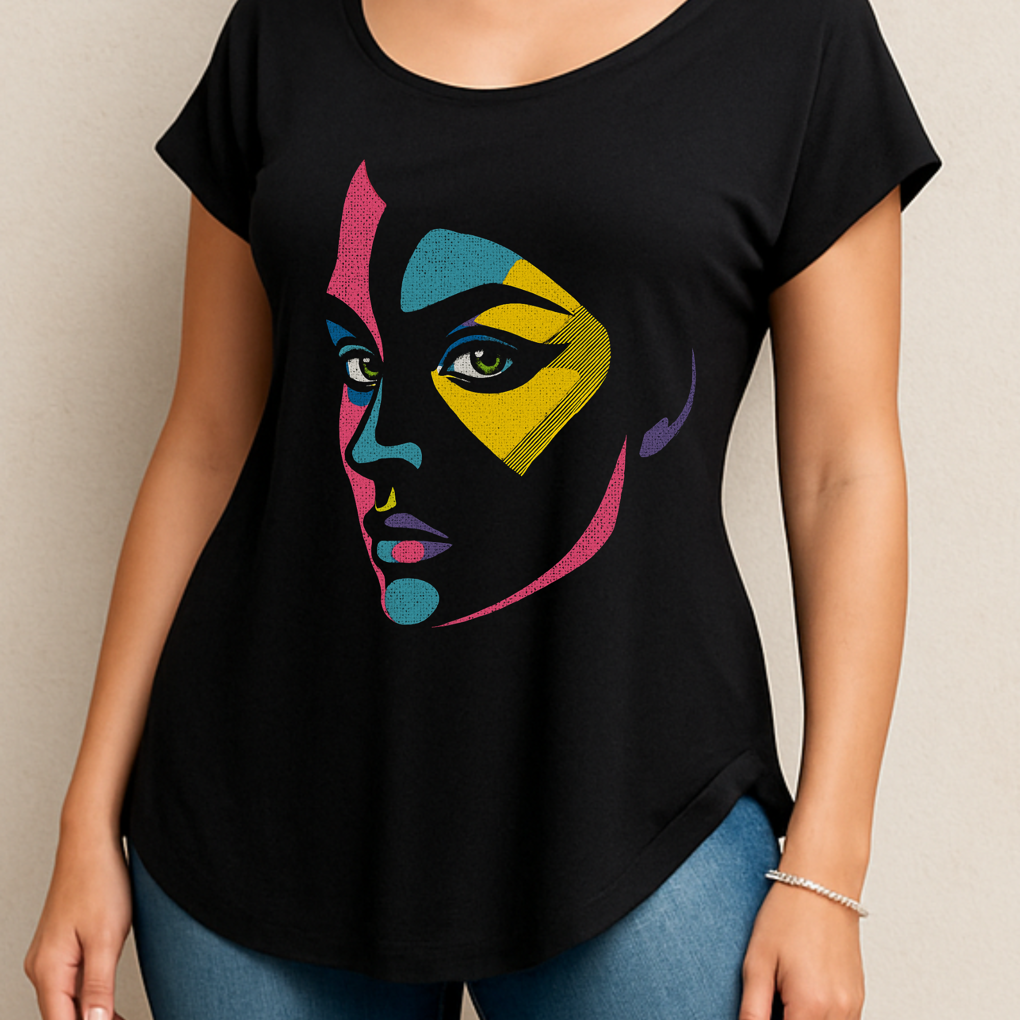Bold Pop Art Woman Portrait – Neon Abstract Face Illustration with Halftone Dots