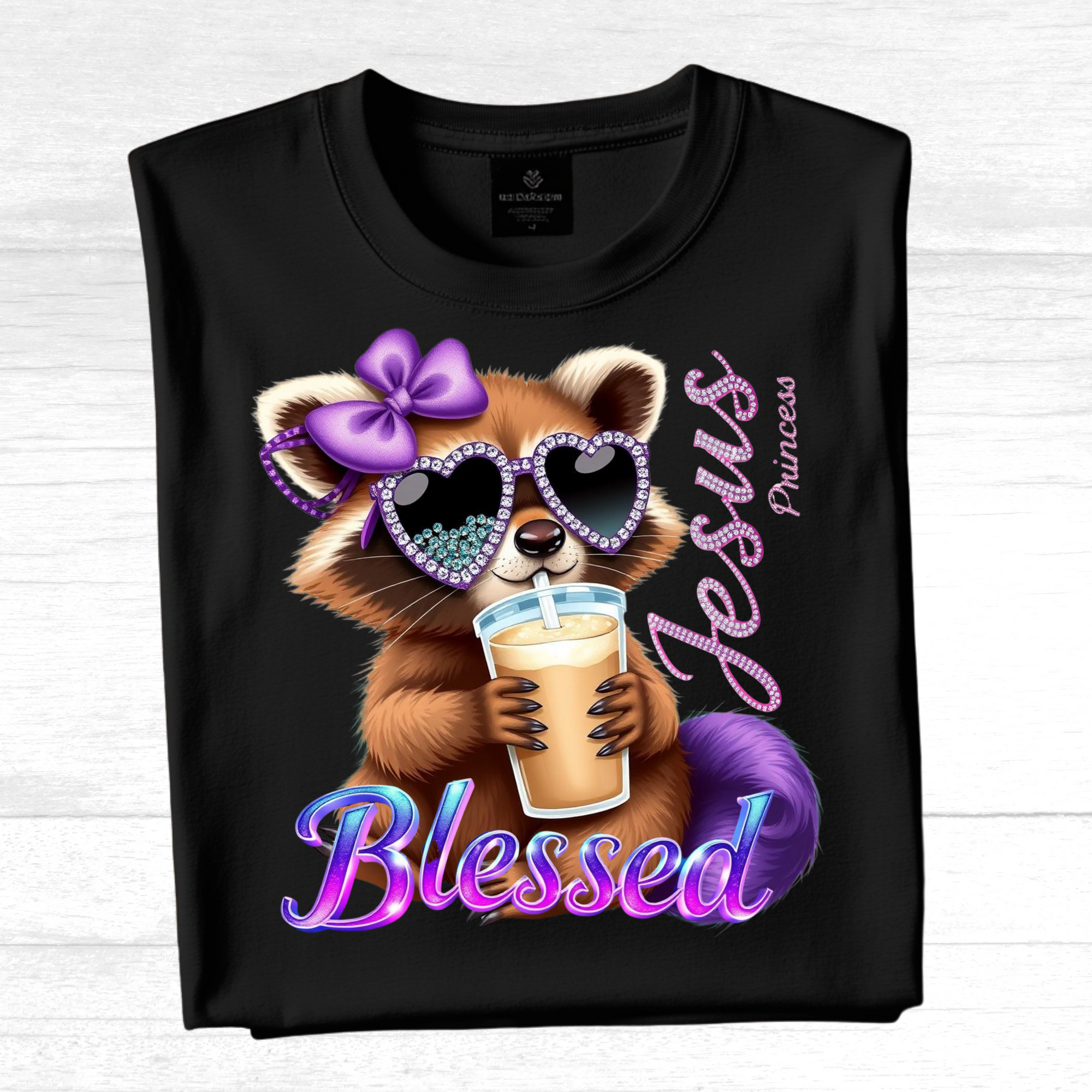 Short Sleeve T-Shirt Jesus Princess Blessed Raccoon T-Shirt – Cute Christian Shirt with Iced Coffee – Faith-Based Graphic Tee for Women & Girl