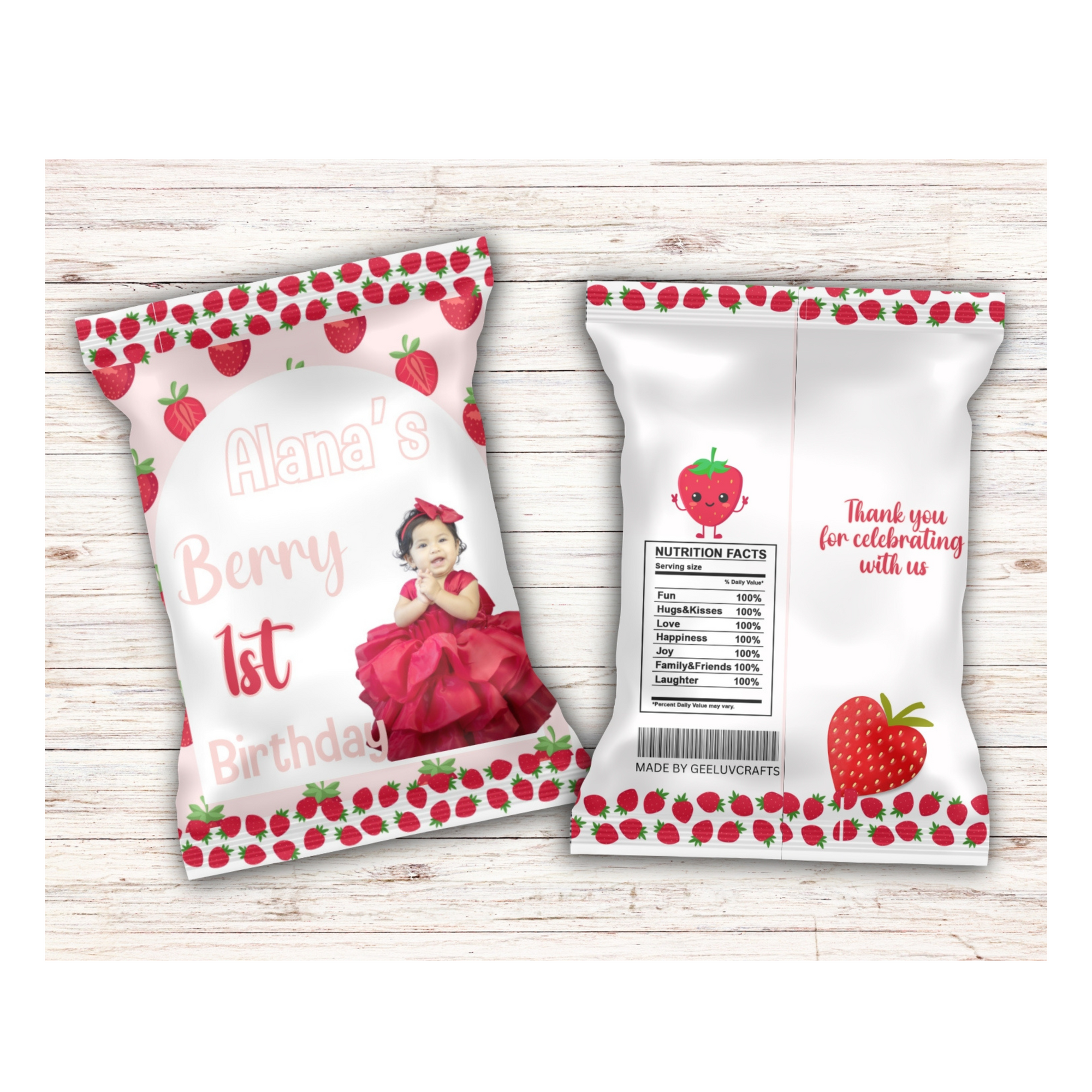 Custom Berry First Birthday Dozen Chip Bag – Personalized Party Favor with Photo