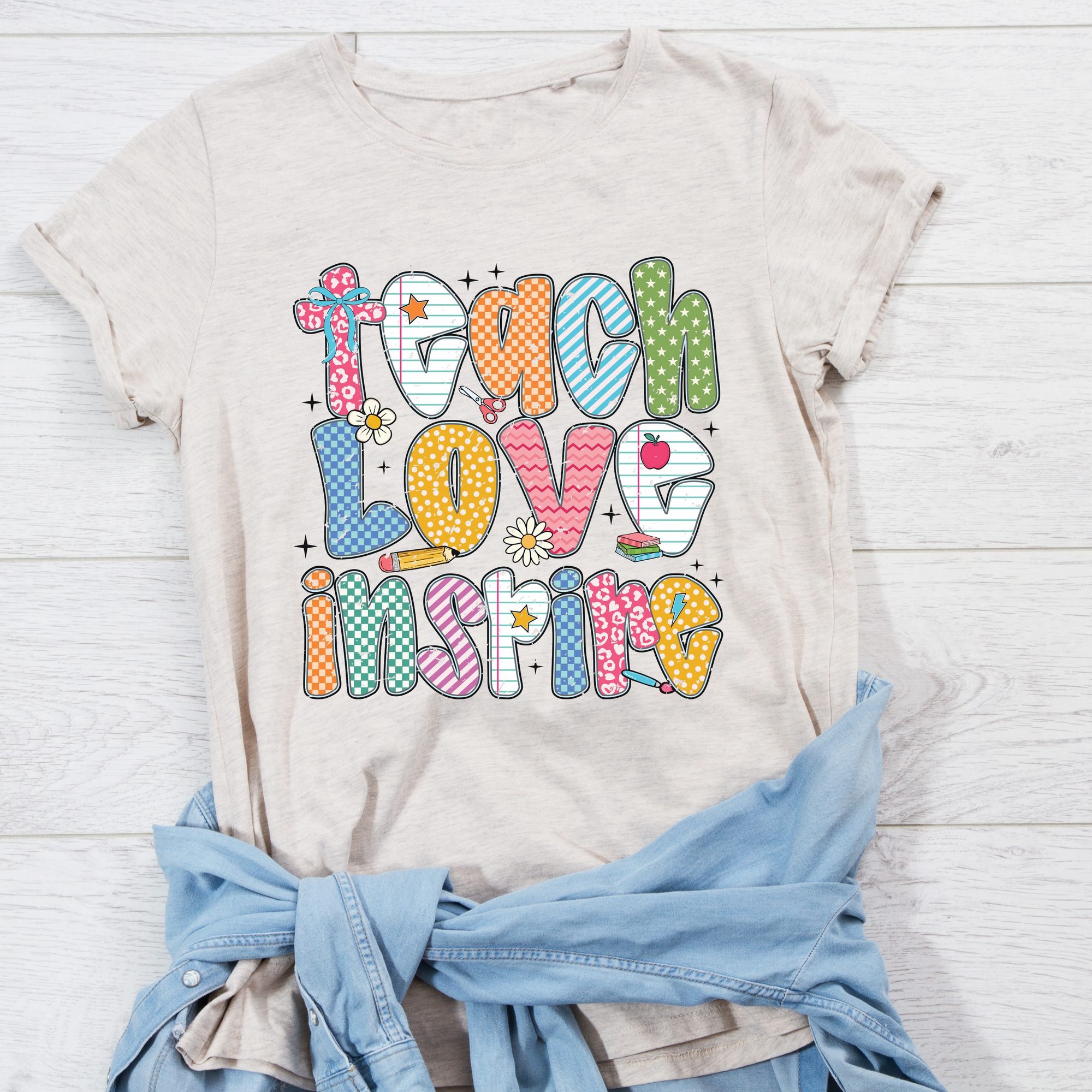 Teach Love Inspire Teacher T-Shirt – Colorful Retro Preppy Back to School Shirt