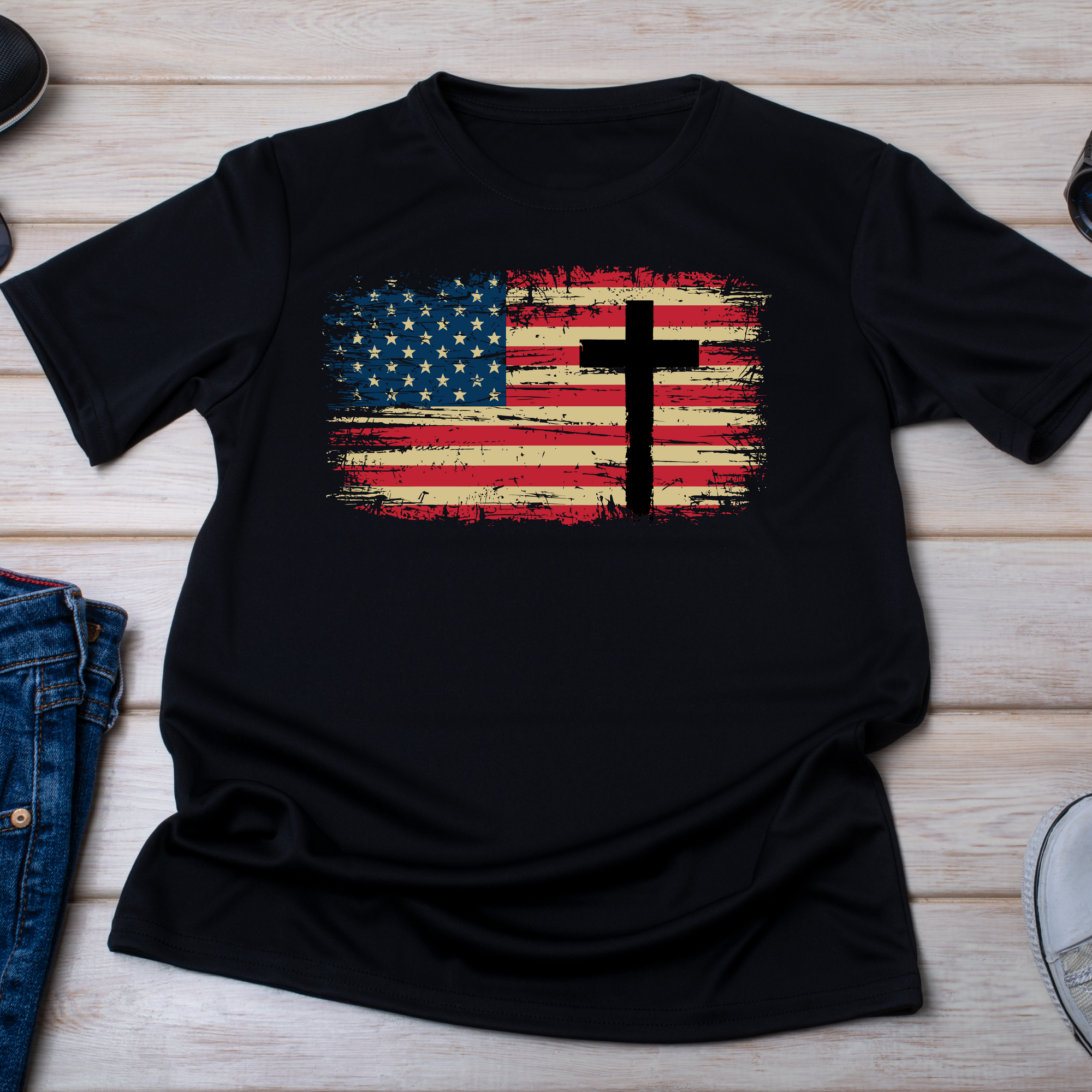 Patriotic American Flag Cross Christian Graphic T-Shirt