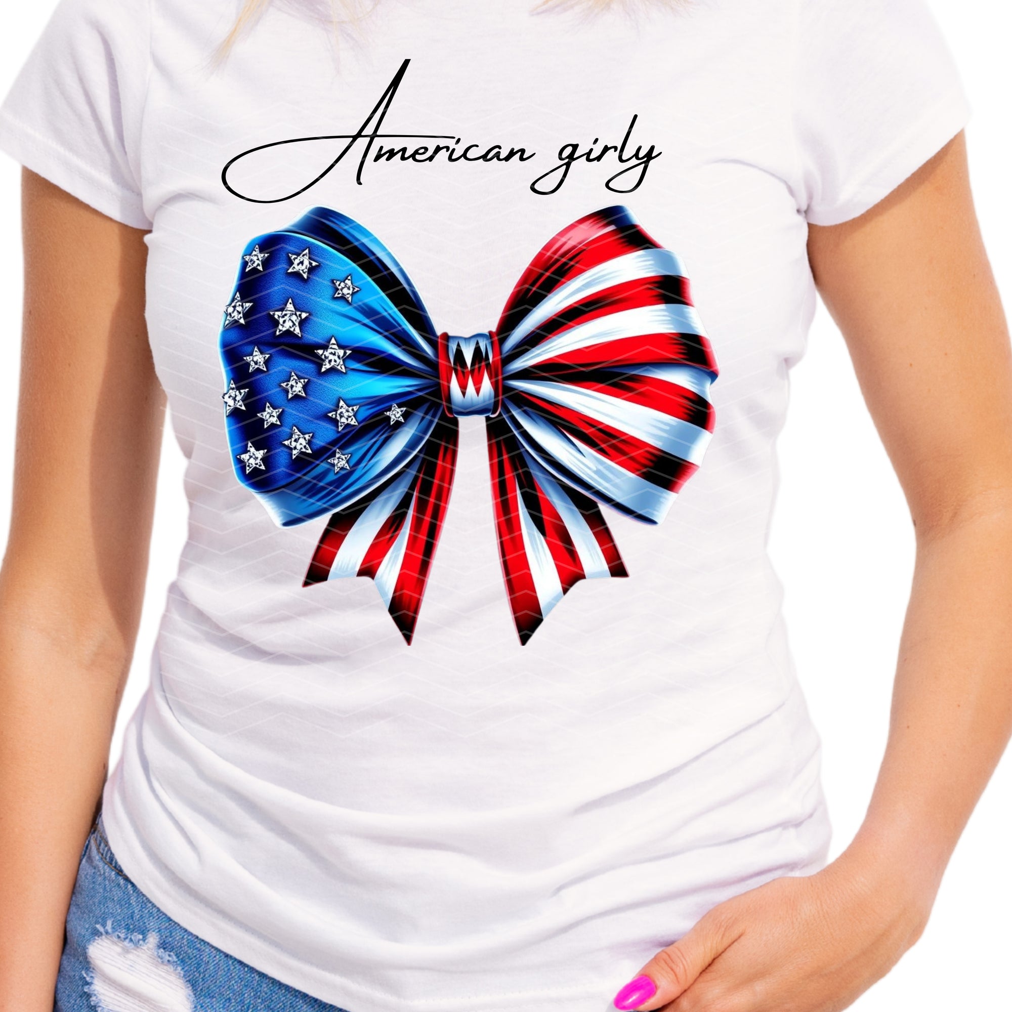 Fourth of July Tee- American Girly Graphic Tee with Sparkling Bow – Cute Patriotic Shirt for Women
