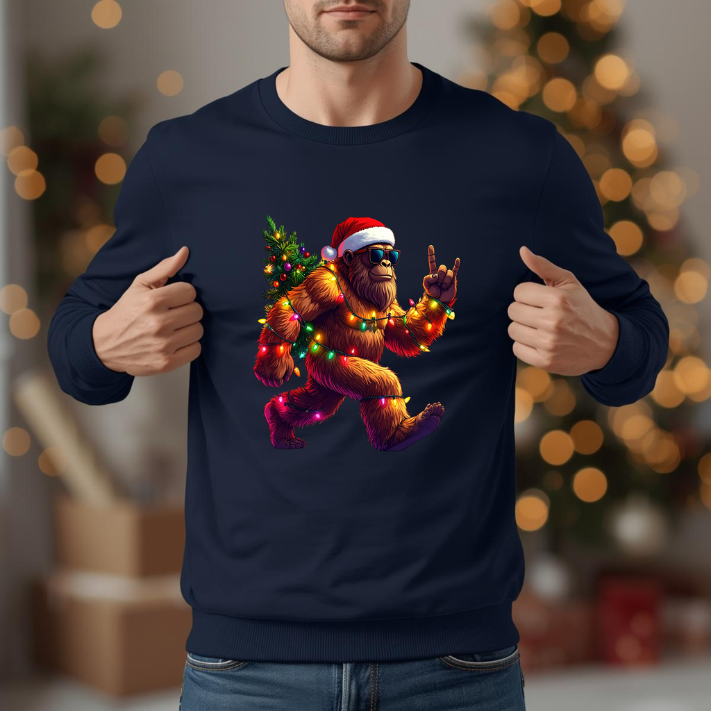 Big Foot Sasquatch in a Santa hat hauling a Christmas tree- DTF print (Transfer ready to press)