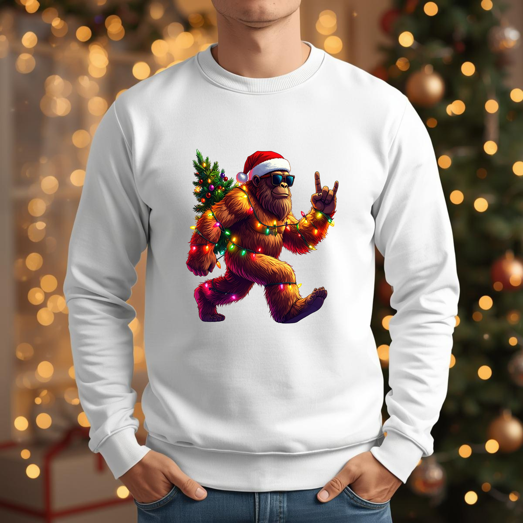 Big Foot Sasquatch in a Santa hat hauling a Christmas tree- DTF print (Transfer ready to press)