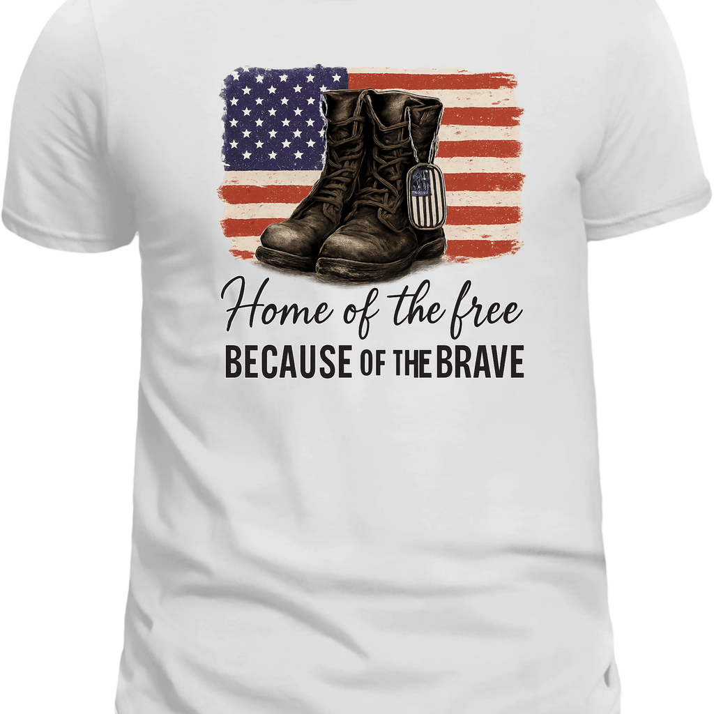 Fourth of July Patriotic T-Shirt – “Home of the Free Because of the Brave” Boots & Flag Design, Memorial & Veterans Day Shirt