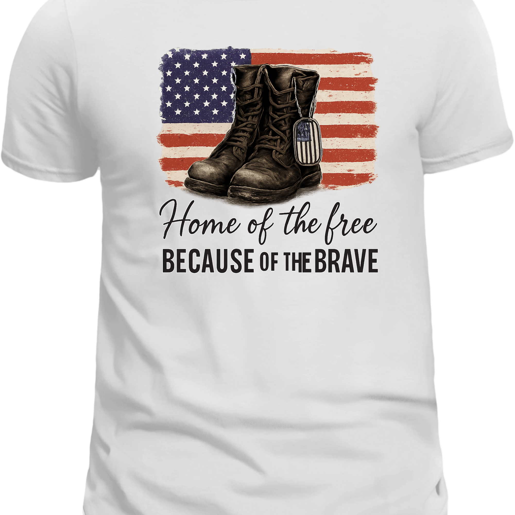 Fourth of July Patriotic T-Shirt – “Home of the Free Because of the Brave” Boots & Flag Design, Memorial & Veterans Day Shirt