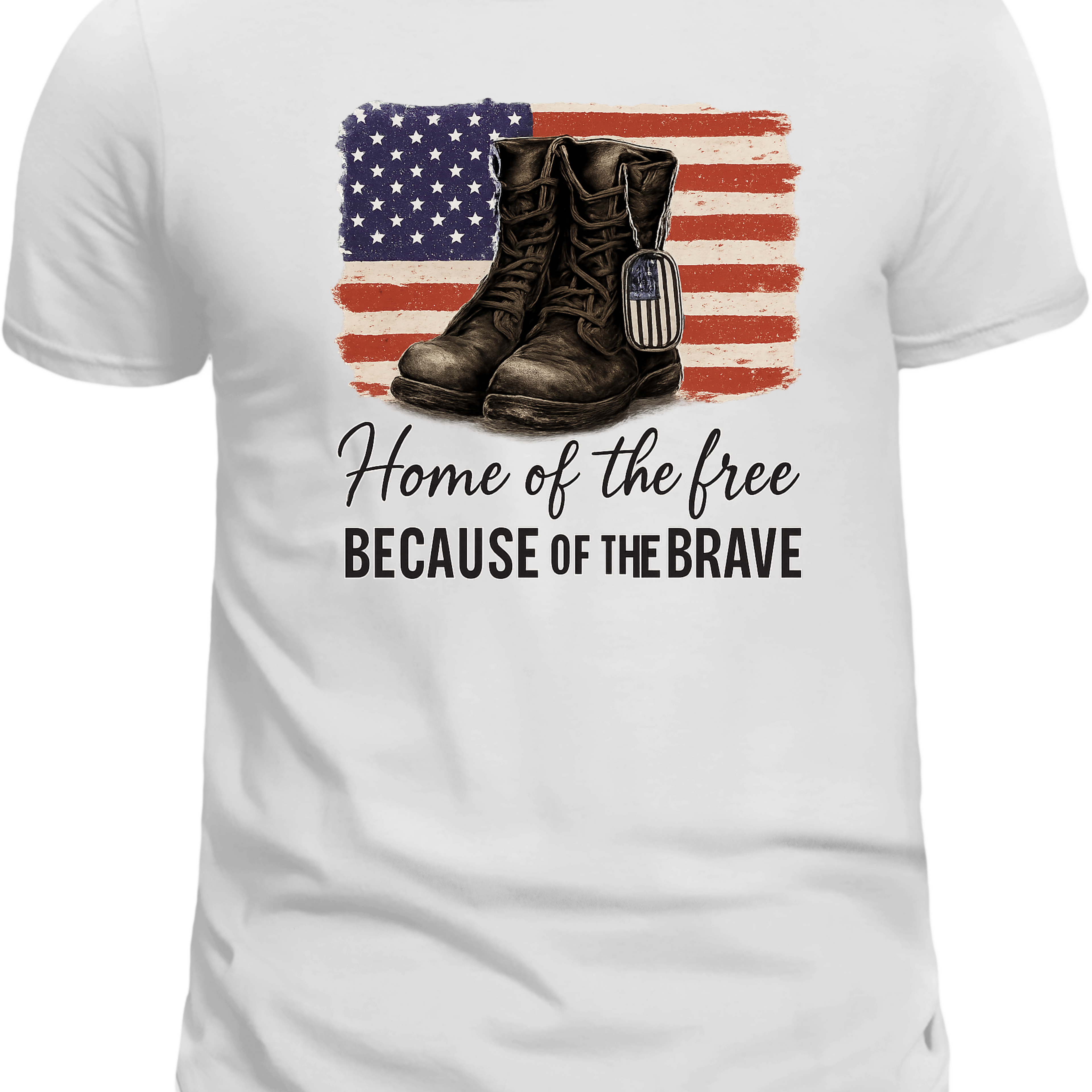 Fourth of July Patriotic T-Shirt – “Home of the Free Because of the Brave” Boots & Flag Design, Memorial & Veterans Day Shirt