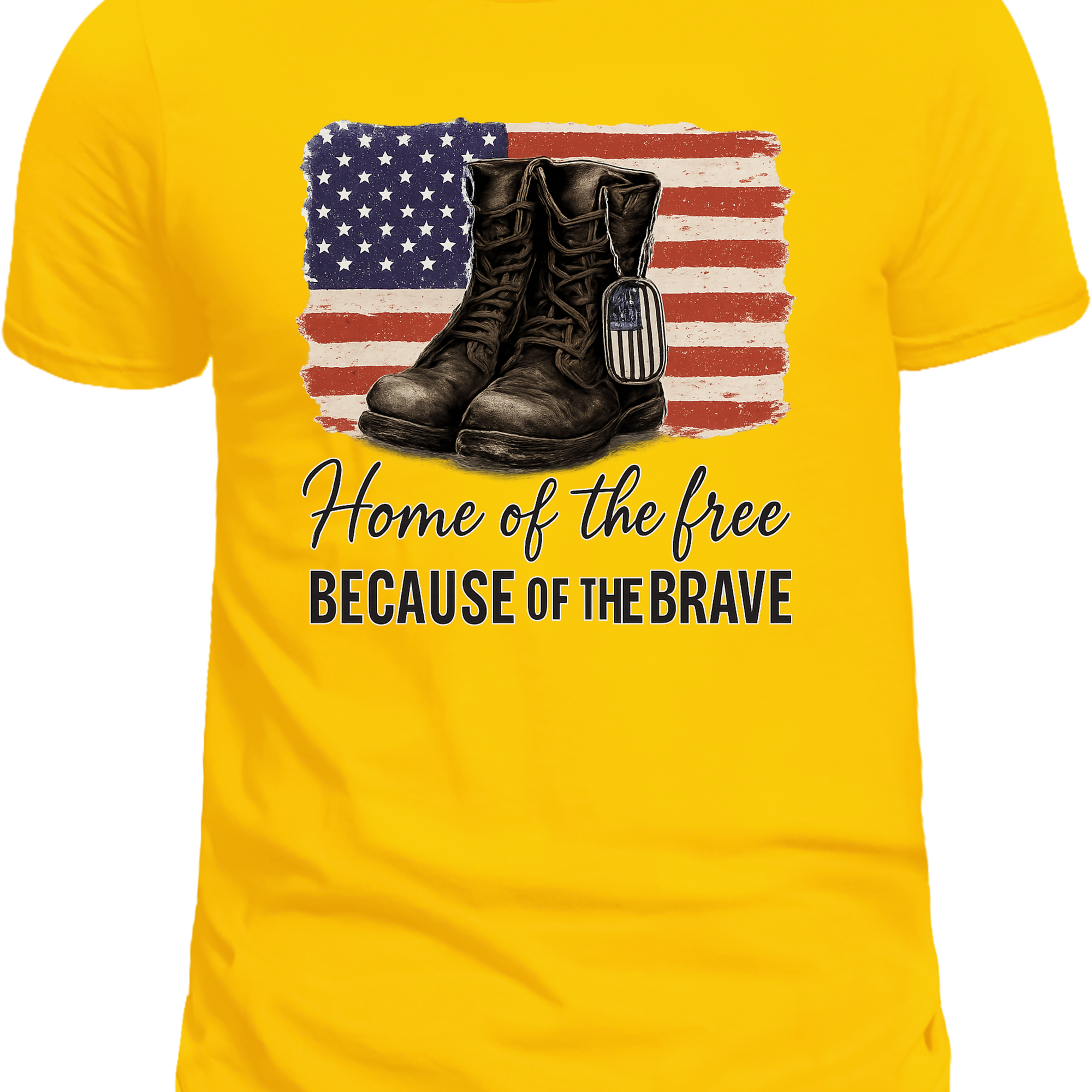 Fourth of July Patriotic T-Shirt – “Home of the Free Because of the Brave” Boots & Flag Design, Memorial & Veterans Day Shirt