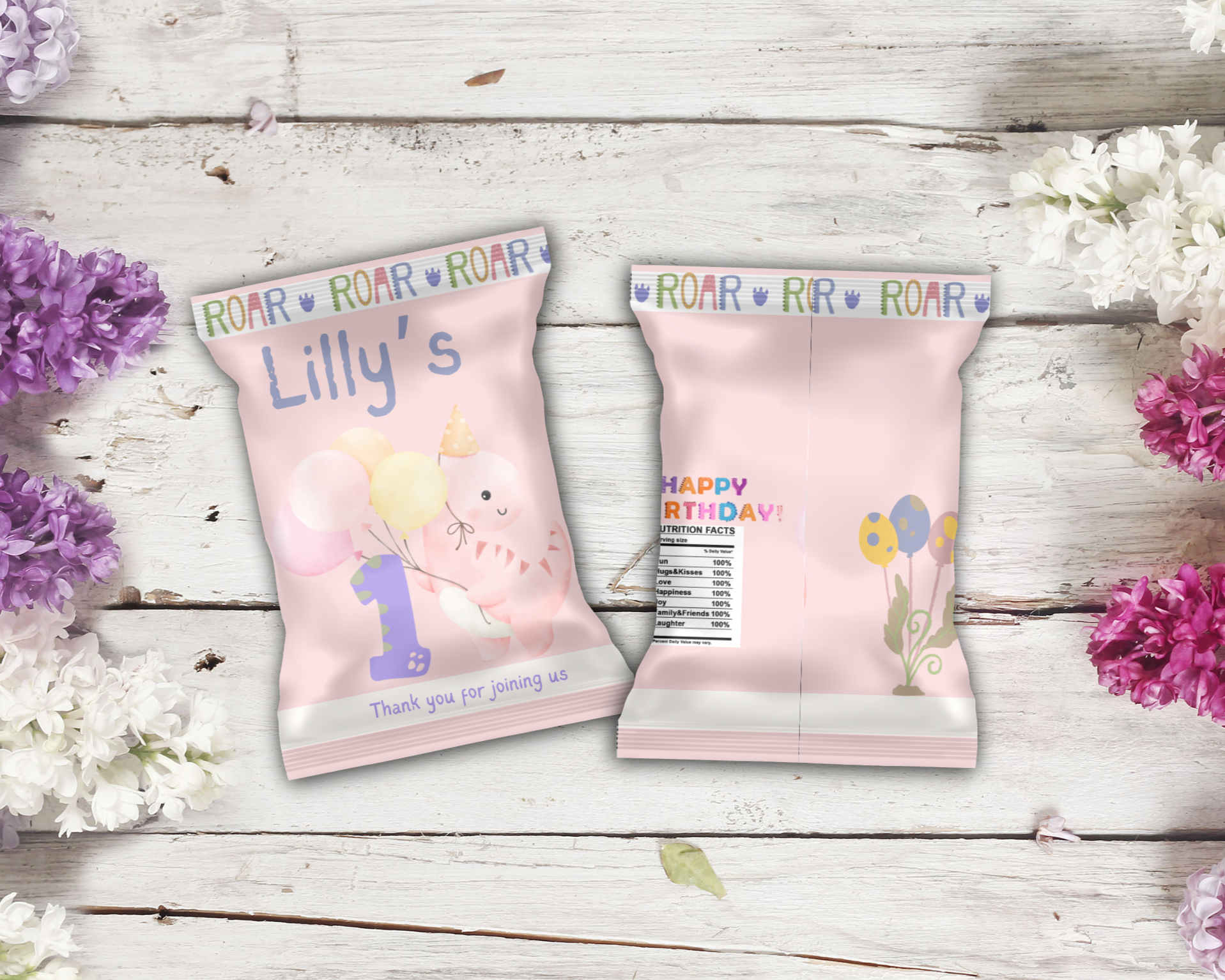 Pink Dinosaur Birthday Chip Bag Party Favor | Editable Printable Dino Treat Bag for Girls