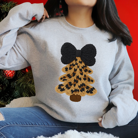 Cheetah Chunky Knit Christmas Tree DTF Transfer | Black Bow Holiday Print