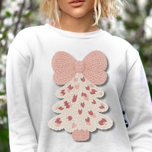 Chunky Knit Christmas Tree DTF Transfer | Pink Bow Holiday Print